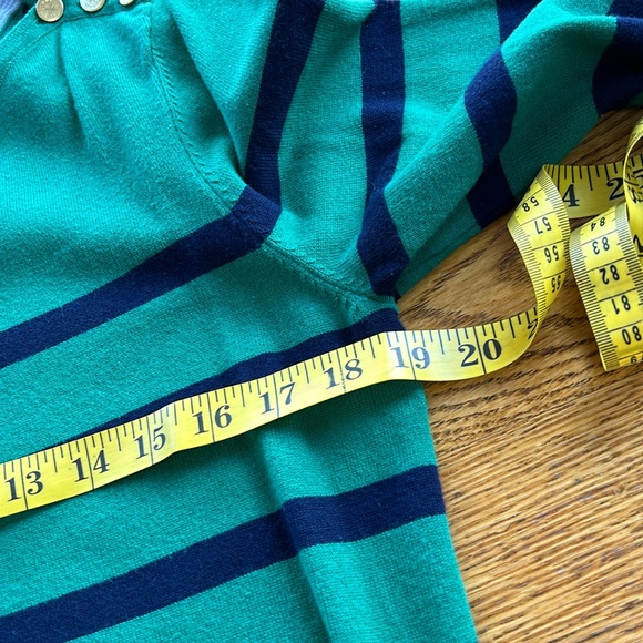 Tommy Hilfiger Pima Cotton sweater. Green/navy stripe gold buttons, Size Large. - Picture 11 of 13